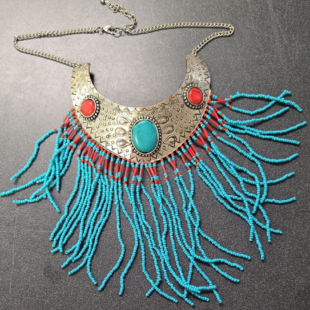 Turquoise and Red Beaded Statement Necklace